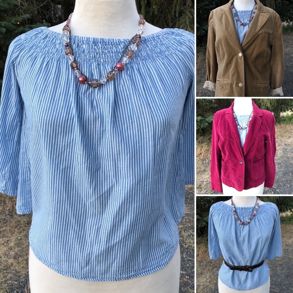 Love Notes Tops - [Love Notes] Striped Chambray Peasant Blouse sz M